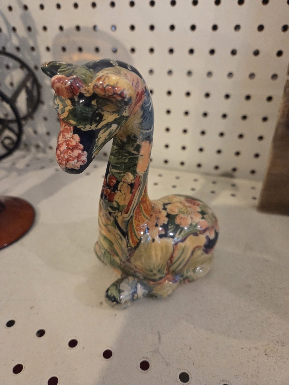La Vie sitting giraffe figurine with patchwork floral decoupage pattern